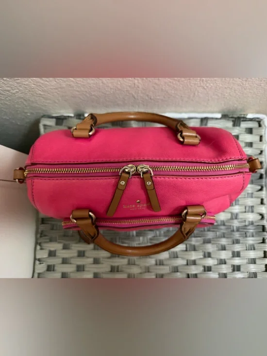 Kate Spade Pink Leather Satchel Crossbody Bag Brown Top Handles - Picture 13 of 16